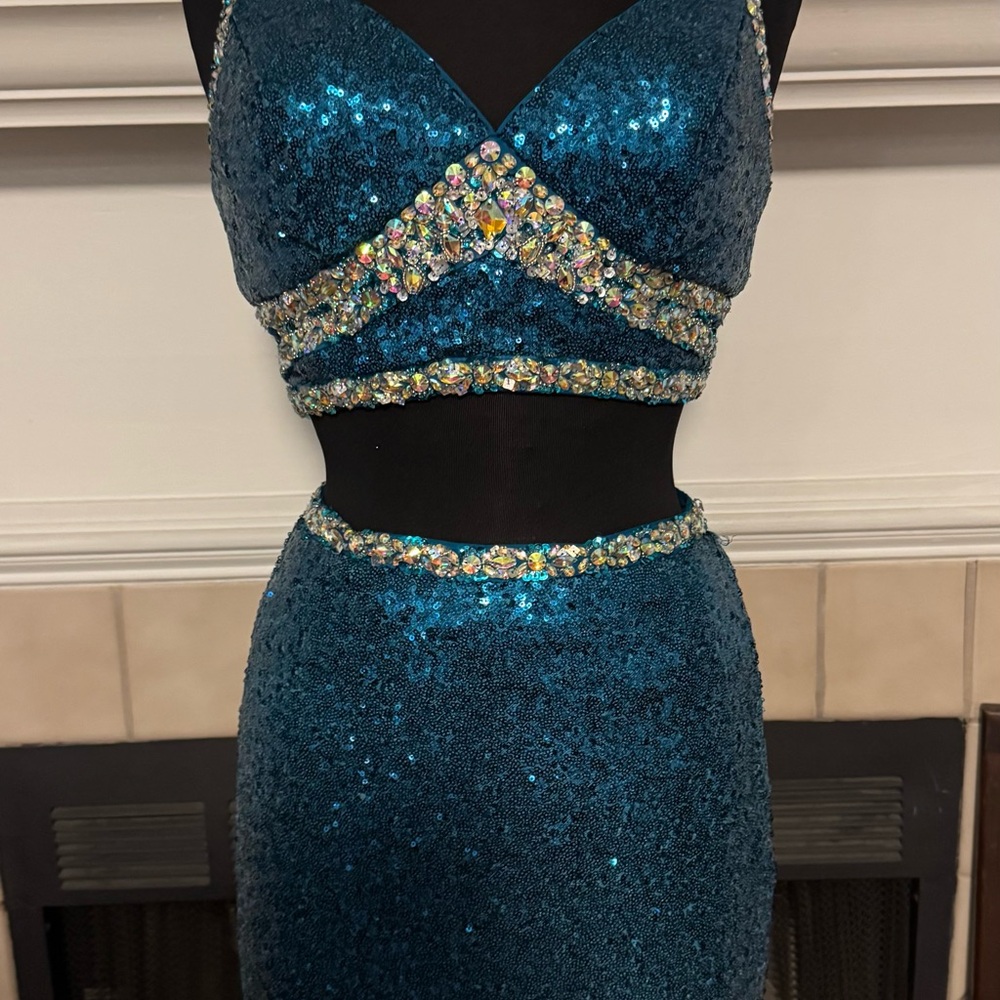 Faviana Multi Colored Jeweled and Sequin 2 Piece Dress - Picture 3 of 9